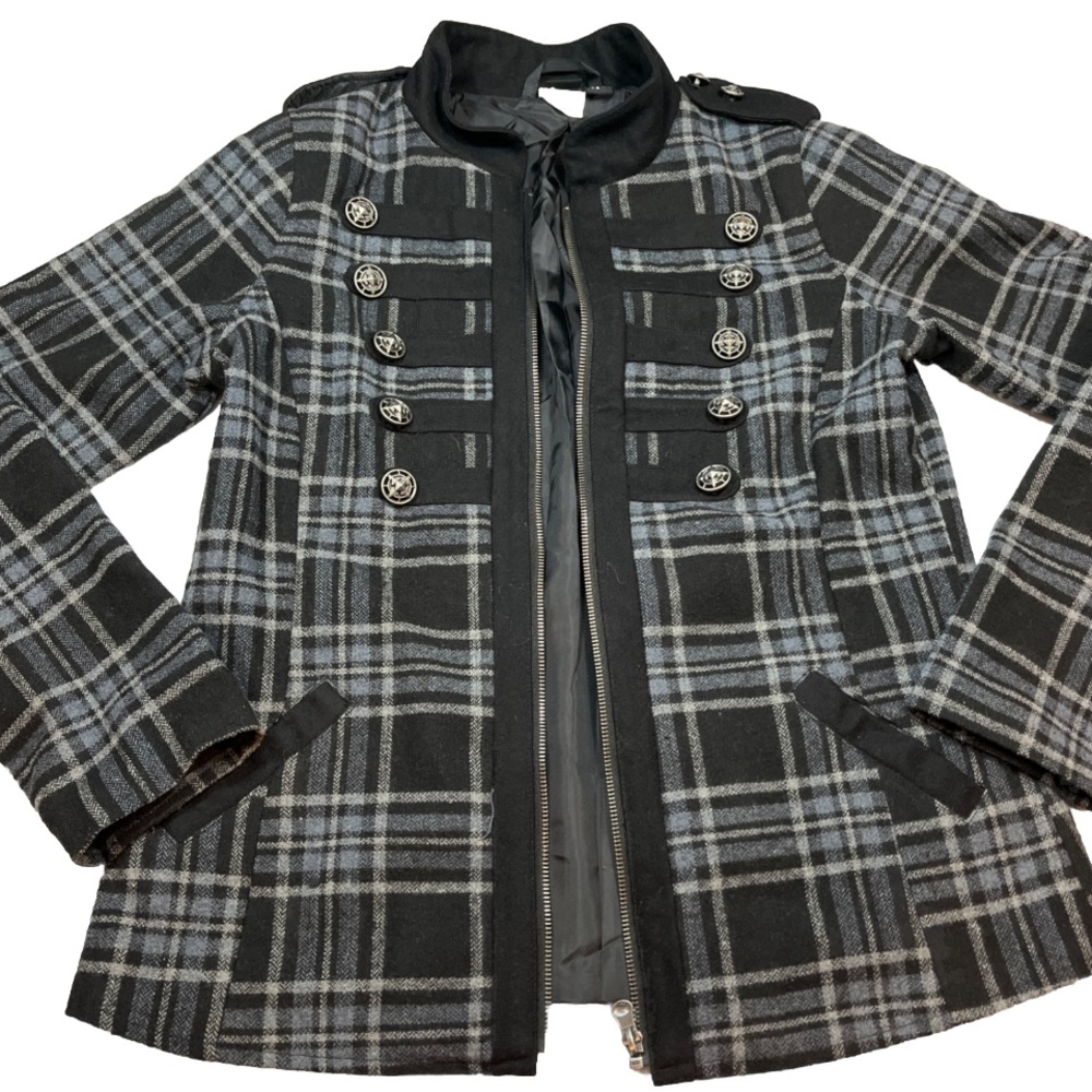 CRUEL black PLAID military Jacket zip Coat Gray Wool Steampunk Goth EMO womens S